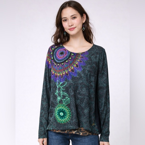 Desigual Tops - Desigual Swing Top Small Boho Mandala Print Hi-Low Leopard Layered Back Sweater